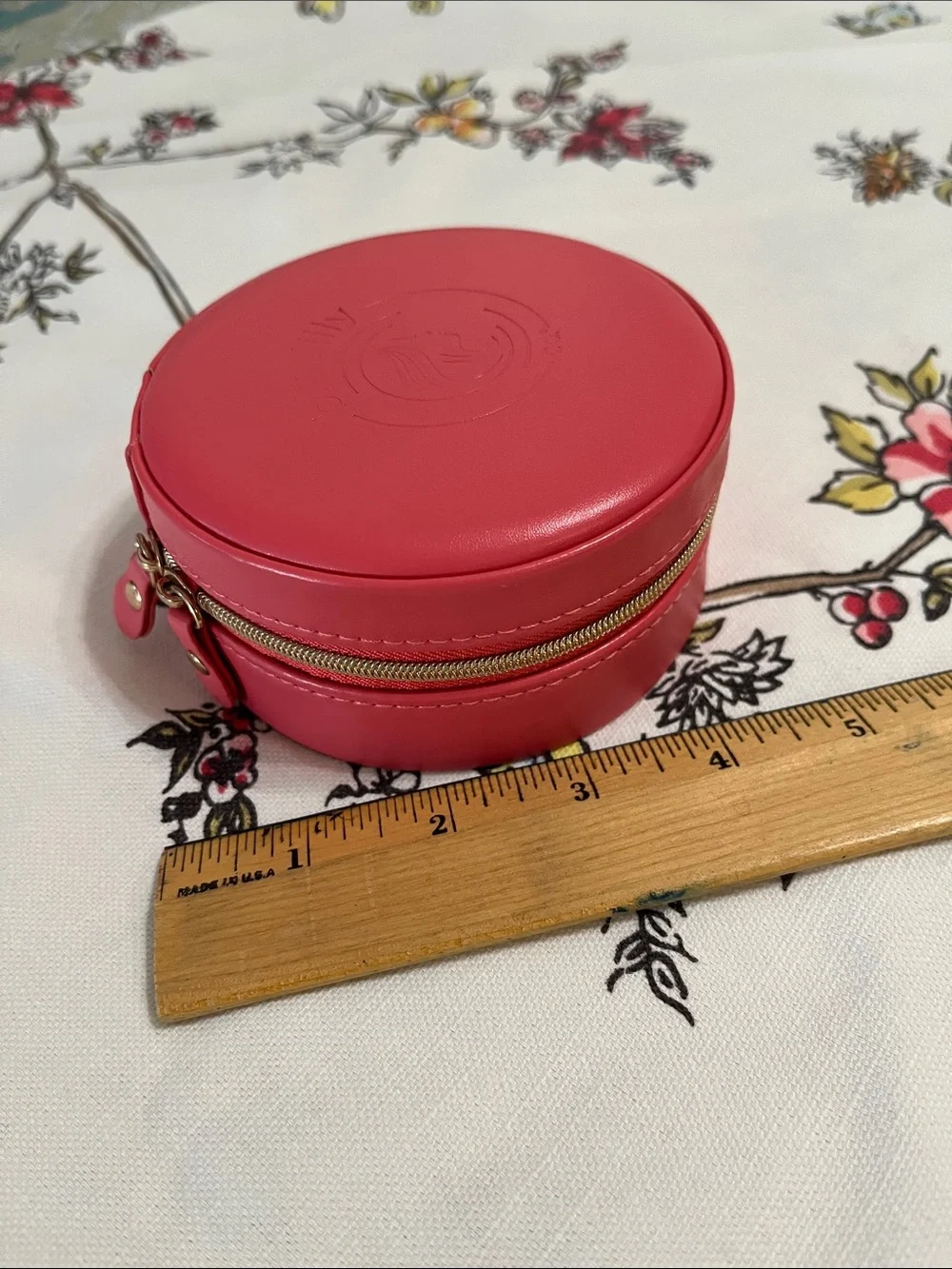 Round Pink Jewelry Case with Gold Hardware